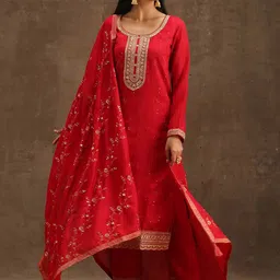 Libas Red & Gold-Toned Ethnic Motifs Embroidered Sequined Kurta with Trousers & Dupatta-8