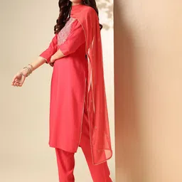 Anouk Ethnic Motifs Yoke Design Mirror Work Straight Kurta & Trousers With Dupatta image 2