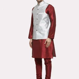 Kaifoo Men Maroon Layered Kurta with Churidar Set With Nehru Jacket image 2