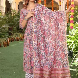 KALINI Floral Printed Regular Kurta with Trousers & With Dupatta image 5