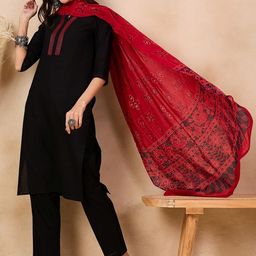 Anouk Black Striped Yoke Design Regular Pure Cotton Kurta With Trousers & With Dupatta-12