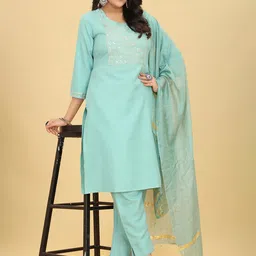 Riti Ethnic Motifs Yoke Design Straight Sequinned Kurta With Trousers & With Dupatta image 3