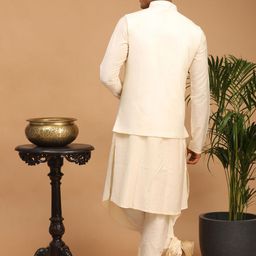 VASTRAMAY Men Cream Pleated Kurta With Churidar & Nehru Jacket With Dupatta image 5