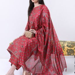 Vishudh Red & Green Floral Printed Kurta With Palazzos & Dupatta image 5