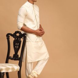 SHRESTHA BY VASTRAMAY Men Cream-Coloured Kurta & Churidar With Mirror Work Jacket Set image 3