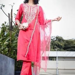 Anouk Rose Ethnic Motifs Embroidered Notch-Neck Straight Kurta With Trouser & Dupatta-picture-56
