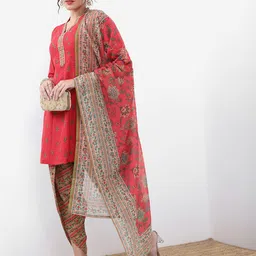 Vishudh Red Floral Printed Regular A-Line Short Kurta With Dhoti Pants & Dupatta image 4