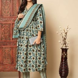 Vbuyz Floral Printed V-Neck Anarkali Kurta With Trousers & Dupatta-picture-24