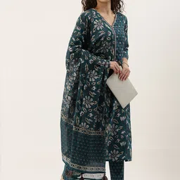 KALINI Ethnic Motifs Printed Regular Pure Cotton Kurta With Trousers & With Dupatta image 4