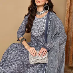 KALINI Printed Empire Mirror Work Kurta with Trousers & Dupatta-15