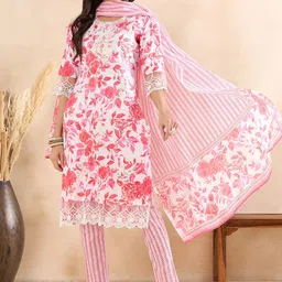 Anouk Floral Printed Regular Thread Work Pure Cotton Kurta With Trousers & Dupatta-9