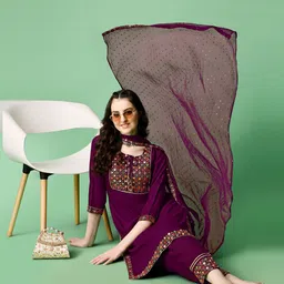 KALINI Ethnic Motifs Yoke Design Mirror Work Kurta With Trousers & Dupatta image 5