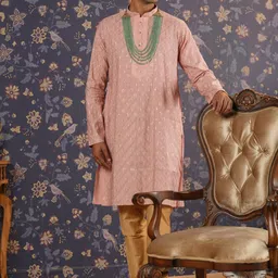 House of Pataudi Ethnic Motifs Embroidered Mandarin Collar Straight Kurta With Churidar-picture-11