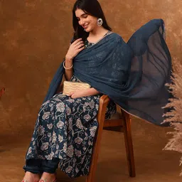 Anouk Teal Blue Floral Printed Regular Gotta Patti Kurta With Churidar & Dupatta-image-19