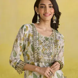 Anouk Ethnic Motifs Printed Thread Work Pure Cotton Kurta with Palazzos & Dupatta image 2