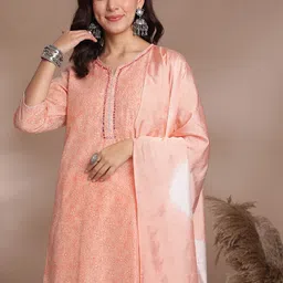 Anouk Women Floral Printed Regular Mirror Work Chanderi Silk Kurta with Trousers & With Dupatta image 3