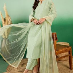 Sangria Pure Cotton Band Collar Kurta With Trousers & Dupatta-picture-23