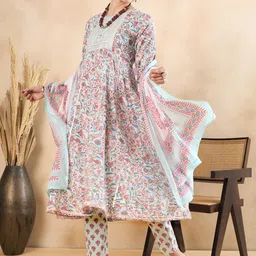 Anouk Blue Floral Printed Regular Sequinned Pure Cotton Kurta With Trousers & Dupatta-picture-14