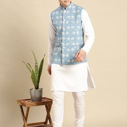 Sanwara Men Blue Floral Kurta with Churidar & Nehru Jacket-picture-30