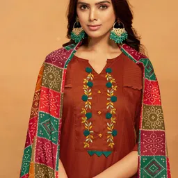 KALINI Ethnic Motifs Yoke Design Regular Thread Work Straight Kurta With Salwar & Dupatta-12