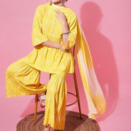 indo street Bandhani Printed A-Line Pleated Kurti with Sharara & Dupatta image 4