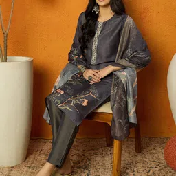 KALINI Floral Printed Regular Kurta with Trousers & With Dupatta image 2