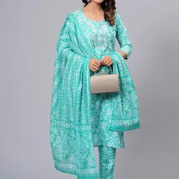 KALINI Ethnic Motifs Printed Regular Thread Work Pure Cotton Kurta With Trousers & Dupatta image 5