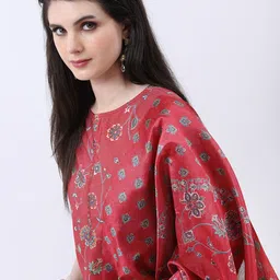 Vishudh Red & Green Floral Printed Kurta With Palazzos & Dupatta image 4