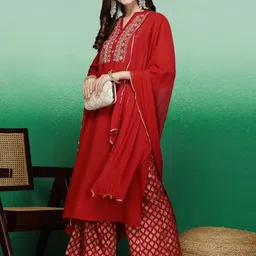 Sangria Mandarin Collar Yoke-Embroidered Straight Kurta Sets-picture-55