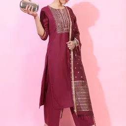 Vishudh Women Pink Embroidered Layered Kurta with Trousers & With Dupatta image 5