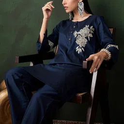 Sangria Embroidered Straight Kurta & Trousers-19