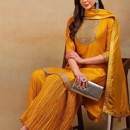 KALINI Floral Embroidered Zari Straight Kurta With Palazzos & Dupatta-image-10