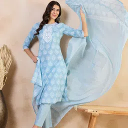 Anouk Ethnic Motifs Embroidered Regular Mirror Work Pure Cotton Straight Kurta Set-picture-3