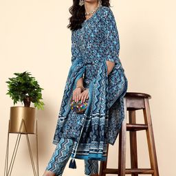 Anouk Blue & White Ethnic Printed Pure Cotton Straight Kurta With Trousers & Dupatta-image-47