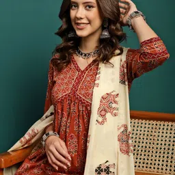 Sangria Printed & Embroidered Anarkali Kurta With Trouser & Dupatta Set image 4