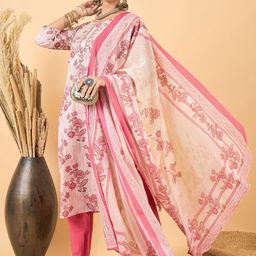 Anouk Pink Floral Printed Regular Sequinned Pure Cotton Kurta With Trousers & Dupatta image 3