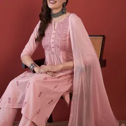 Anouk Floral Embroidered Thread Work Pure Cotton Kurta with Trousers & Dupatta-image-4