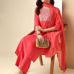 Anouk Ethnic Motifs Yoke Design Mirror Work Straight Kurta & Trousers With Dupatta image 3