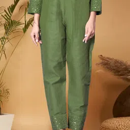 Anouk Green Ethnic Motifs Yoke Design Sequined Straight Kurta with Trouser & Dupatta image 4