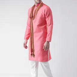 SG LEMAN Men Peach Raw Silk Kurta with Pyjamas & Dupatta image 2