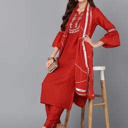AHIKA Ethnic Motifs Embroidered Mirror Work Kurta with Trousers & Dupatta image 4