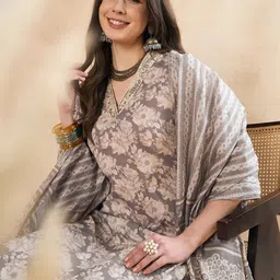 Anouk Grey Floral Printed Regular Sequined Pure Cotton Kurta With Trousers & Dupatta-27