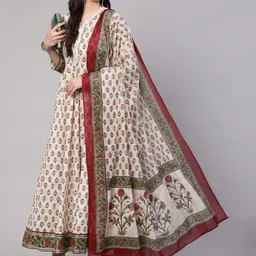 Mizaz Ethnic Motifs Printed Pure Cotton Mirror Work A-line Kurta & Trousers With Dupatta-38