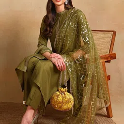 AHIKA Ethnic Regular Sequinned Straight Kurta With Trousers & Dupatta-33