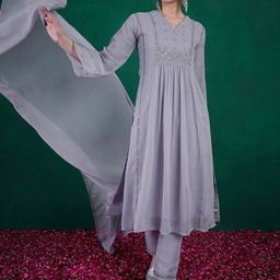 Sangria Floral Embroidered A-Line Kurta With Trouser & Dupatta-41
