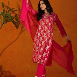 Anouk Floral Embroidered V-Neck Sequinned Straight Kurta With Trousers & Dupatta-image-51