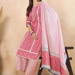 Anouk Pink Floral Printed Straight Pure Cotton Kurta with Palazzos & Dupatta-image-70