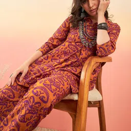 Sangria Mustard Orange & Purple Ethnic Motifs Printed A-Line Kurti With Trouser-45