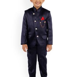 FOURFOLDS Boys Navy Blue Bandhgala Suit & Trouser-image-90