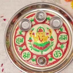 TIED RIBBONS Red & Green Printed Pooja Thali With Attached Incense Diya Tilak Holder-30
